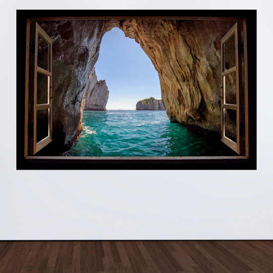 Adesivo Murale - Illusione ottica - Finestra in legno - Vista mare