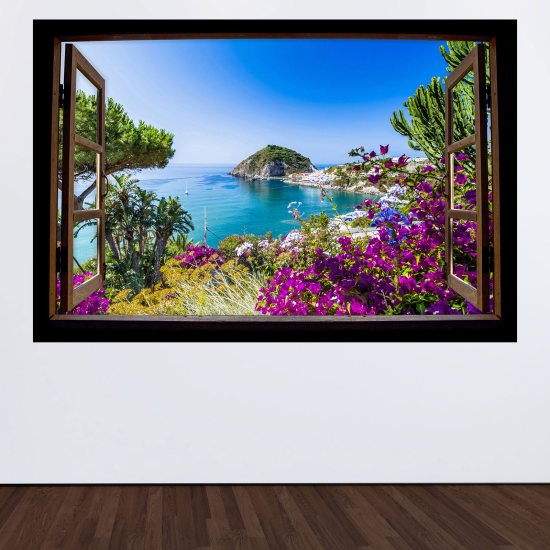 Adesivo Murale - Illusione ottica - Finestra in legno - Vista mare
