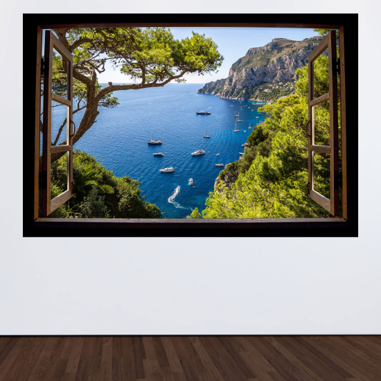 Adesivo Murale - Illusione ottica - Finestra in legno - Vista mare