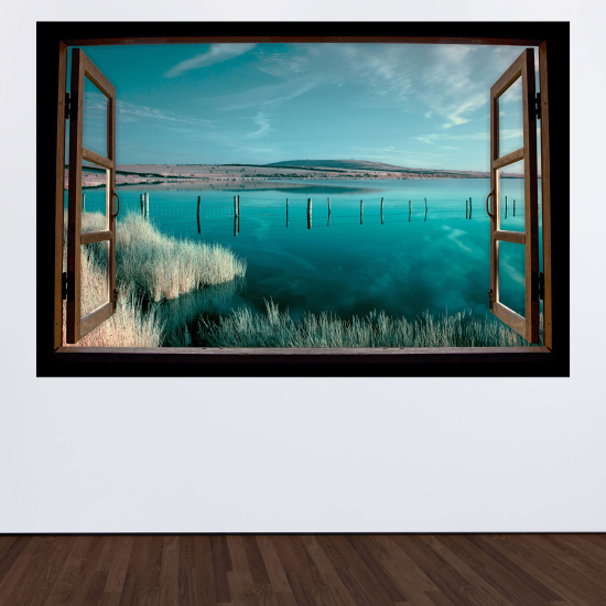 Adesivo Murale - Illusione ottica - Finestra in legno - Vista mare