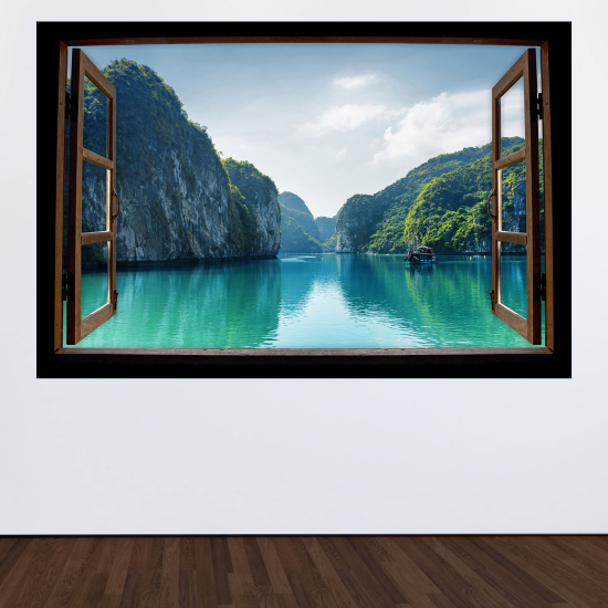 Adesivo Murale - Illusione ottica - Finestra in legno - Vista mare