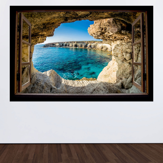 Adesivo Murale - Illusione ottica - Finestra in legno - Vista mare