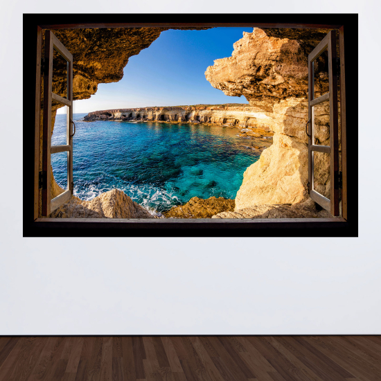 Adesivo Murale - Illusione ottica - Finestra in legno - Vista mare