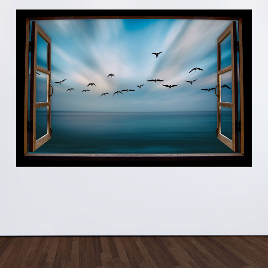 Adesivo Murale - Illusione ottica - Finestra in legno - Vista mare