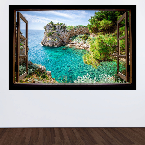 Adesivo Murale - Illusione ottica - Finestra in legno - Vista mare