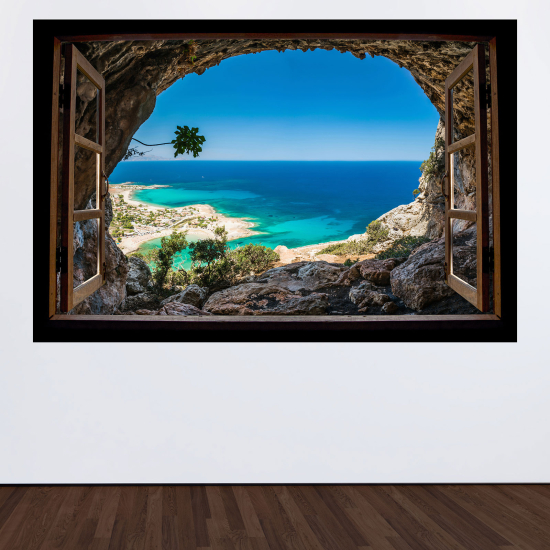 Adesivo Murale - Illusione ottica - Finestra in legno - Vista mare