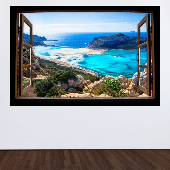 Adesivo Murale - Illusione ottica - Finestra in legno - Vista mare