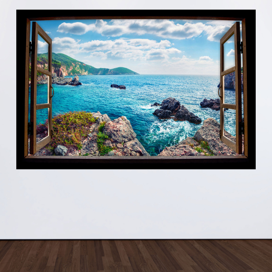 Adesivo Murale - Illusione ottica - Finestra in legno - Vista mare
