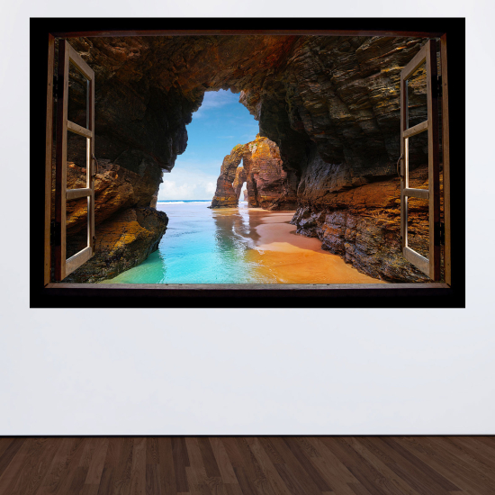 Adesivo Murale - Illusione ottica - Finestra in legno - Vista mare