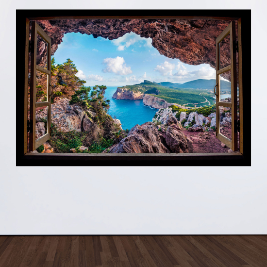 Adesivo Murale - Illusione ottica - Finestra in legno - Vista mare