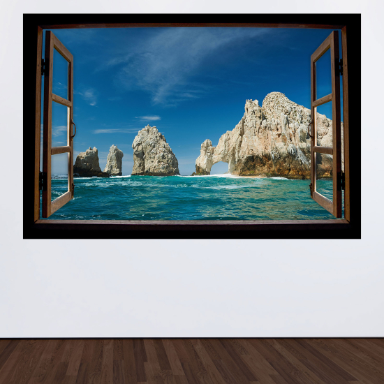 Adesivo Murale - Illusione ottica - Finestra in legno - Vista mare Messico