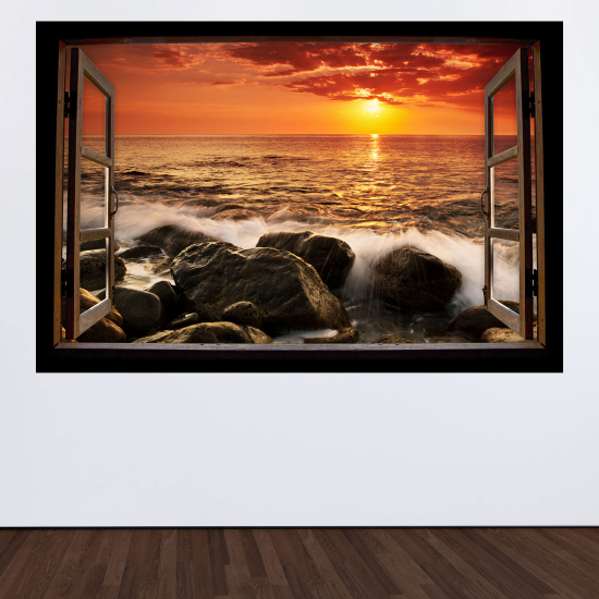 Adesivo Murale - Illusione ottica - Finestra in legno - Vista mare tramonto