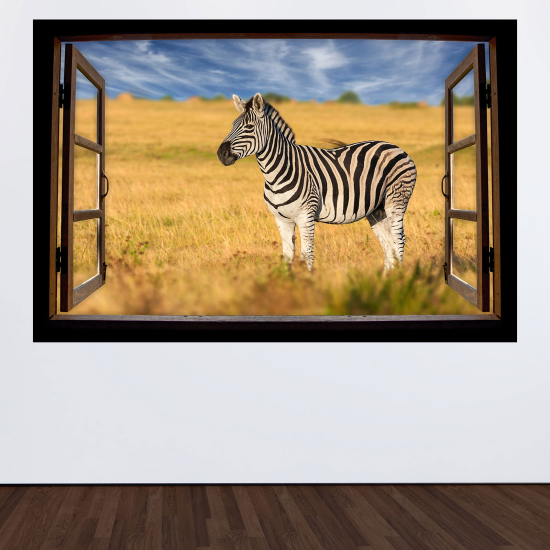 Adesivo Murale - Illusione ottica - Finestra in legno - Zebra