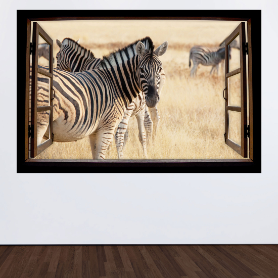 Adesivo Murale - Illusione ottica - Finestra in legno - Zebre