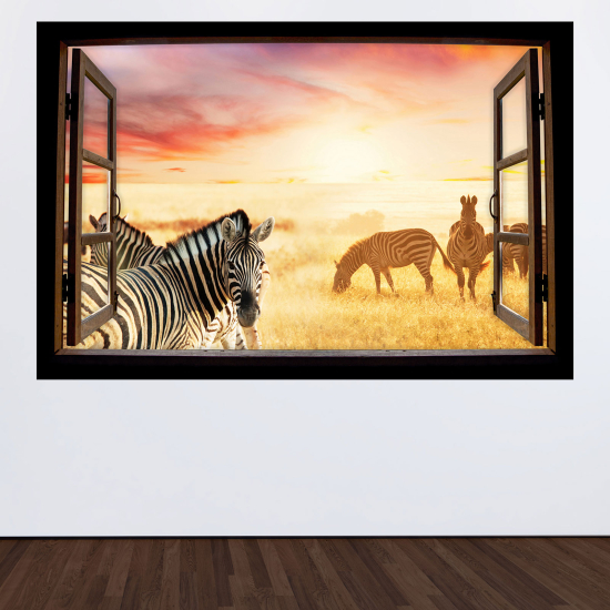 Adesivo Murale - Illusione ottica - Finestra in legno - Zebre