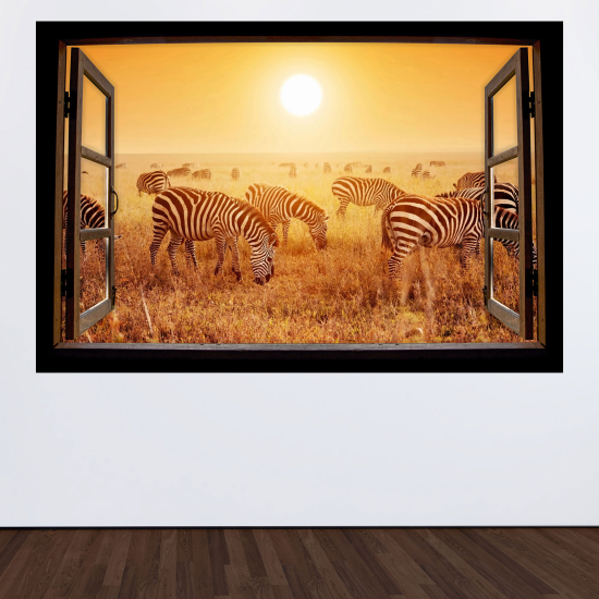 Adesivo Murale - Illusione ottica - Finestra in legno - Zebre