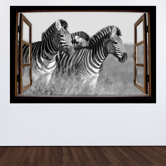 Adesivo Murale - Illusione ottica - Finestra in legno - Zebre