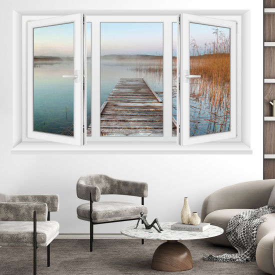 Adesivo Murale - Illusione ottica - Finestra - Lago e pontile