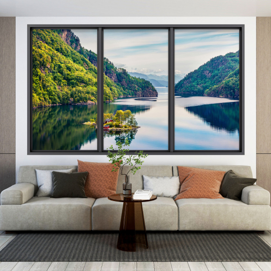 Adesivo Murale - Illusione ottica - Finestra - Lago Montagne