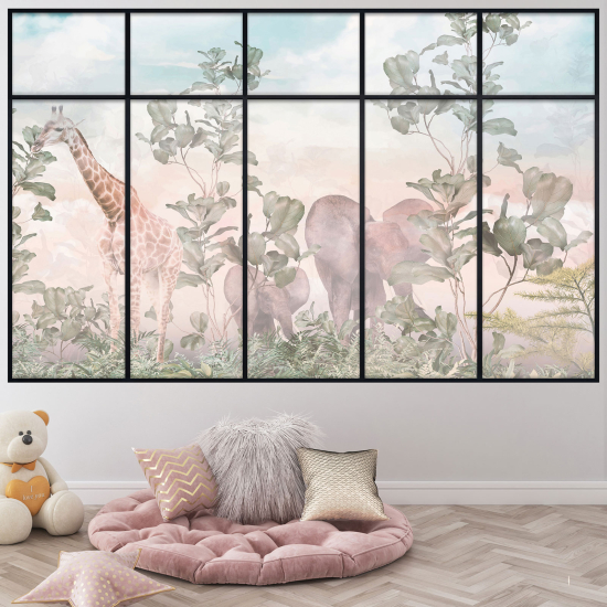 Adesivo Murale - Illusione ottica - Finestra per Bambini - Giungla Animali