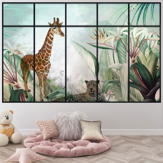 Adesivo Murale - Illusione ottica - Finestra per Bambini - Giungla Animali