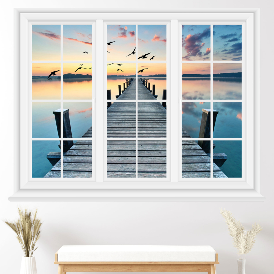 Adesivo Murale - Illusione ottica - Finestra - Pontile al tramonto