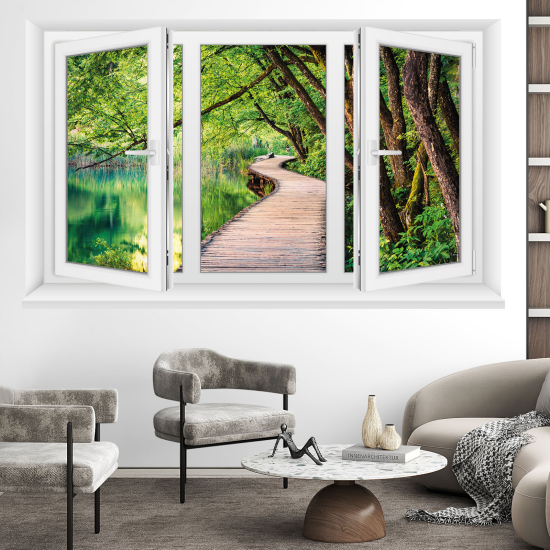 Adesivo Murale - Illusione ottica - Finestra - Pontile foresta