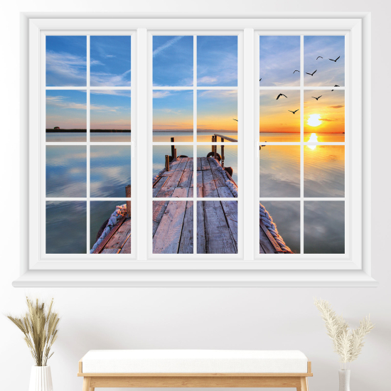 Adesivo Murale - Illusione ottica - Finestra - Vista mare tramonto