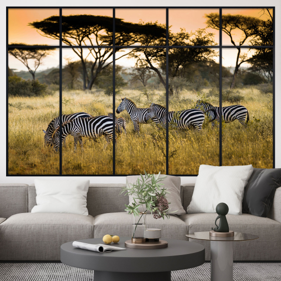 Adesivo Murale - Illusione ottica - Finestra - Zebre Savana