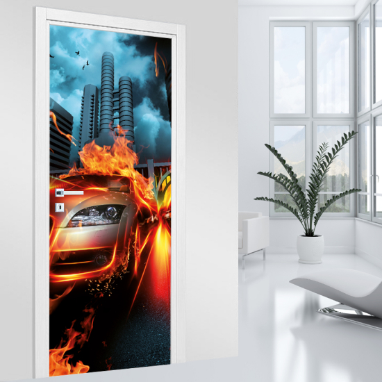 Adesivo per porta - Auto in Fiamme