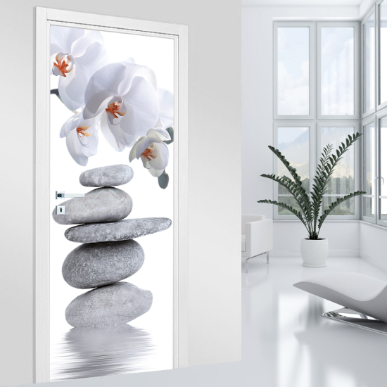 Adesivo per porta - Ciottoli orchidee