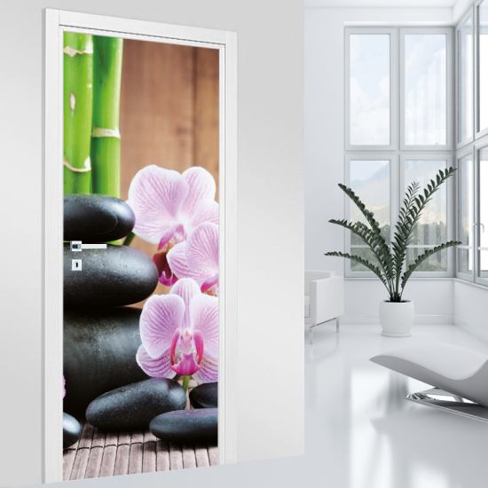 Adesivo per porta - Ciottoli Orchidee