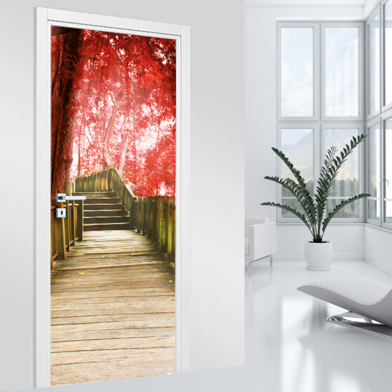 Adesivo per porta - Scale alberi rossi