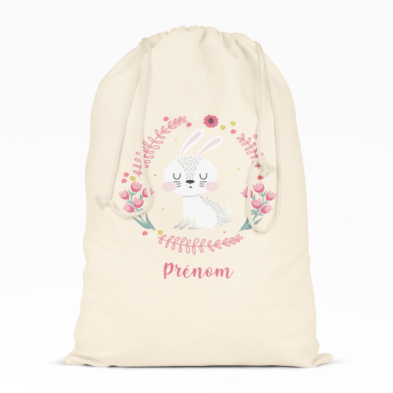 Borsa con coulisse personalizzata - Coniglio bianco fiori