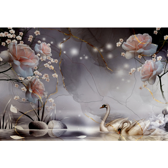 Carta da parati panoramica - Fiori Cigni 3D