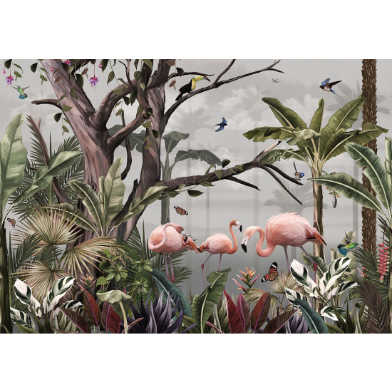 Carta da parati panoramica - Foresta Tropicale Fenicotteri Rosa