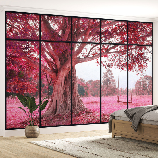 Carta da parati panoramica - Illusione ottica - Albero fiori rosa
