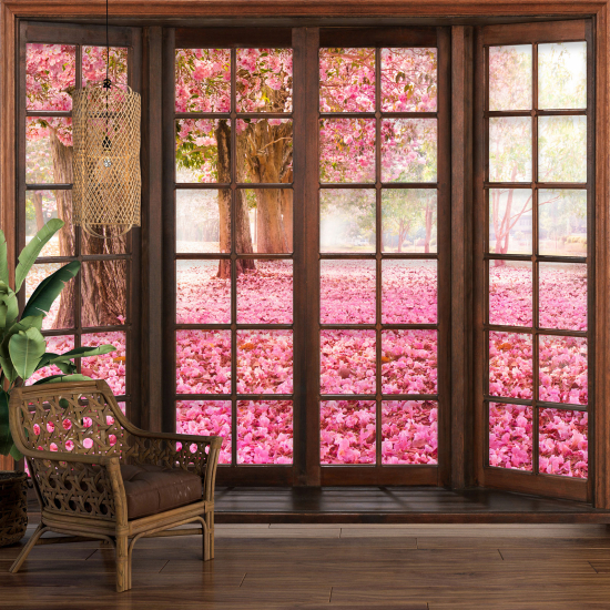 Carta da parati panoramica - Illusione ottica - Finestra in legno - Alberi fiori rosa