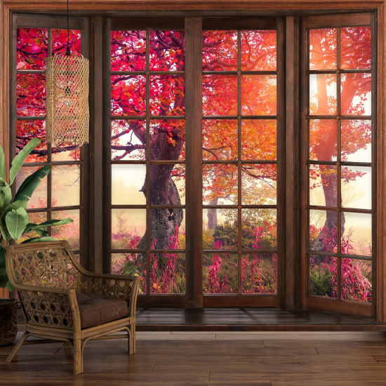 Carta da parati panoramica - Illusione ottica - Finestra in legno - Alberi foglie rosse