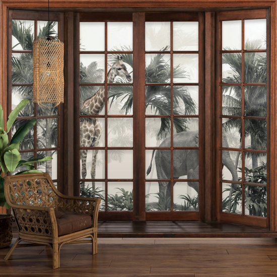 Carta da parati panoramica - Illusione ottica - Finestra in legno - Animali della Giungla
