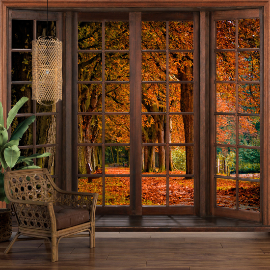Carta da parati panoramica - Illusione ottica - Finestra in legno - Autunno