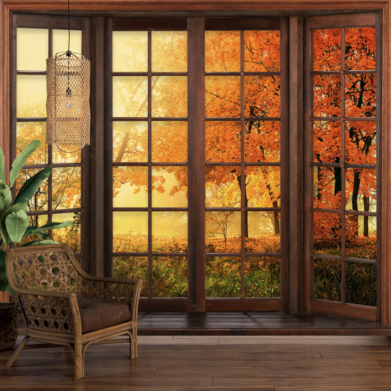 Carta da parati panoramica - Illusione ottica - Finestra in legno - Autunno