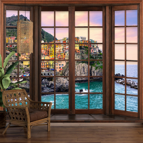 Carta da parati panoramica - Illusione ottica - Finestra in legno - Cinque Terre