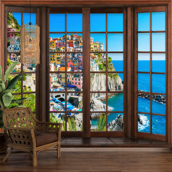 Carta da parati panoramica - Illusione ottica - Finestra in legno - Cinque Terre