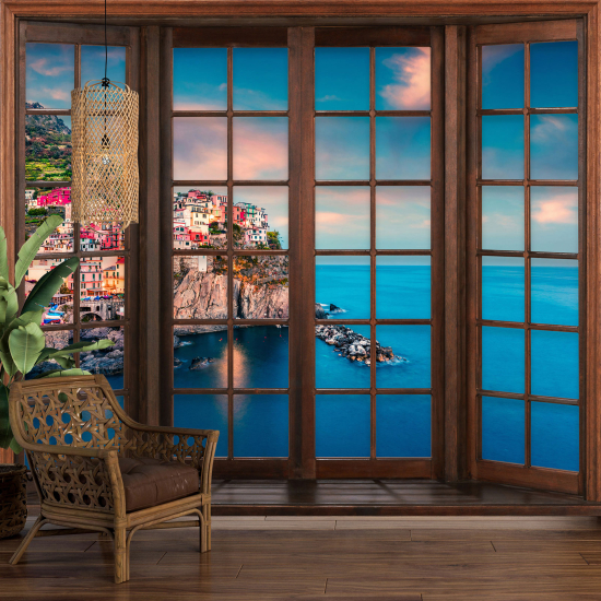 Carta da parati panoramica - Illusione ottica - Finestra in legno - Cinque Terre
