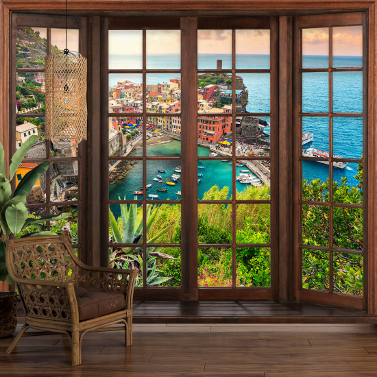 Carta da parati panoramica - Illusione ottica - Finestra in legno - Città di Vernazza