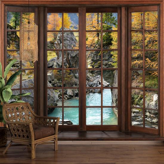 Carta da parati panoramica - Illusione ottica - Finestra in legno - Fiume