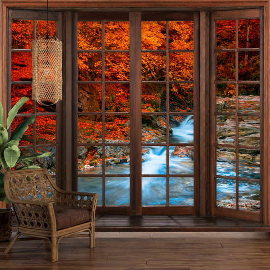 Carta da parati panoramica - Illusione ottica - Finestra in legno - Fiume