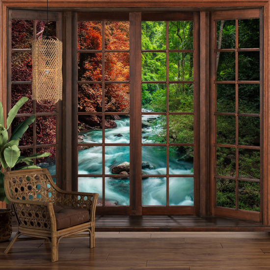Carta da parati panoramica - Illusione ottica - Finestra in legno - Fiume