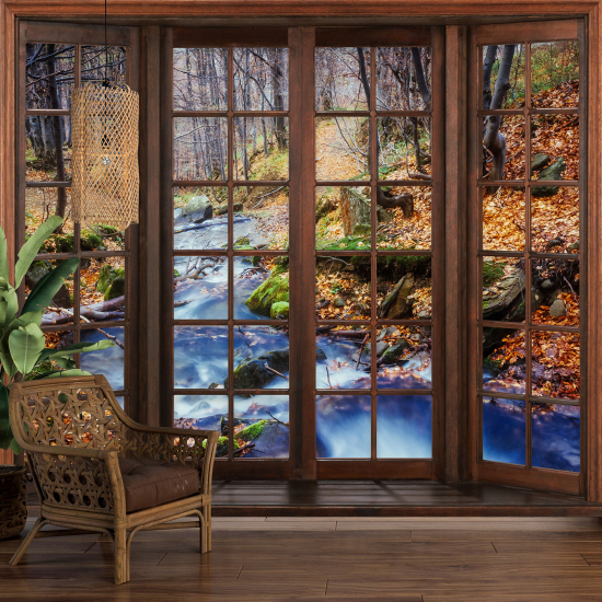 Carta da parati panoramica - Illusione ottica - Finestra in legno - Fiume